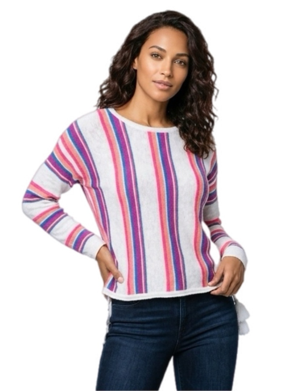 Lilly Pulitzer Pink Striped Crewneck Sweater Tassels Size Large P2P 23”